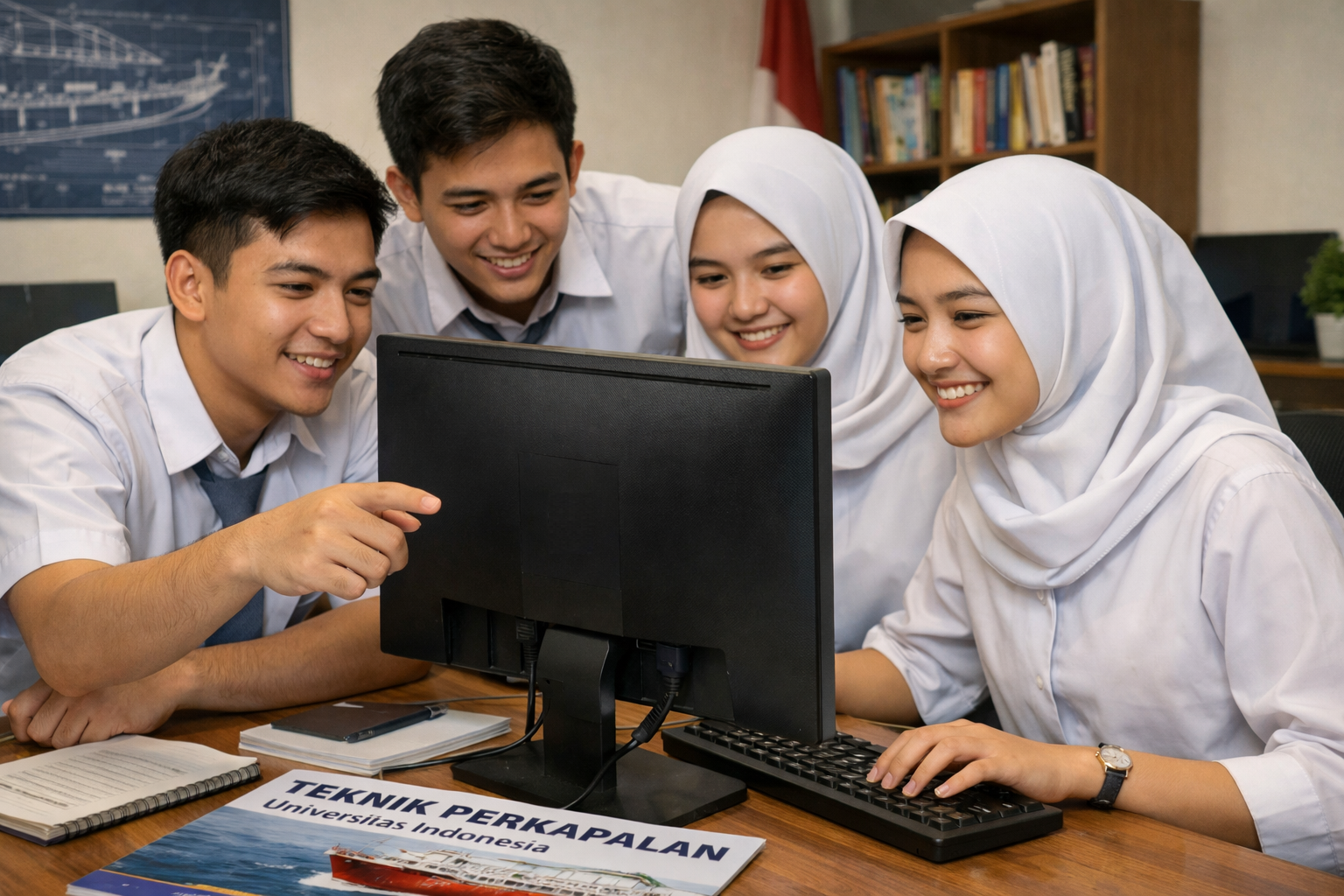Ilustrasi siswa SMA berdiskusi di depan komputer untuk memutuskan pendaftaran ke Teknik Perkapalan Universitas Indonesia